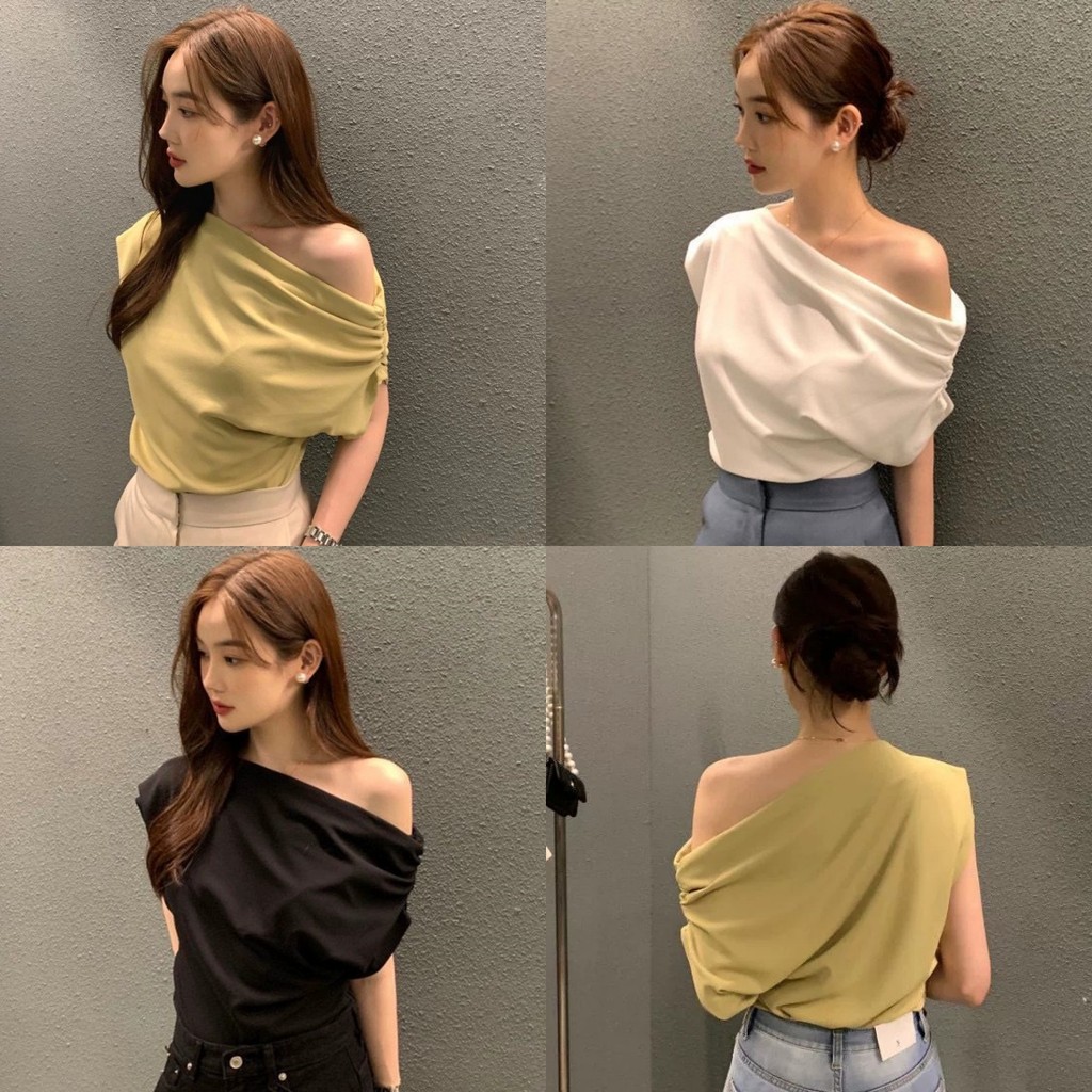 🌸Soroh🌸เสื้อยืด สีพื้น แขนสั้น ปาดไหล่ ผ้าใส่สบาย🌷สไตล์เกาหลี ทรงสวย เรียบหรู มินิมอล💐#FYP13