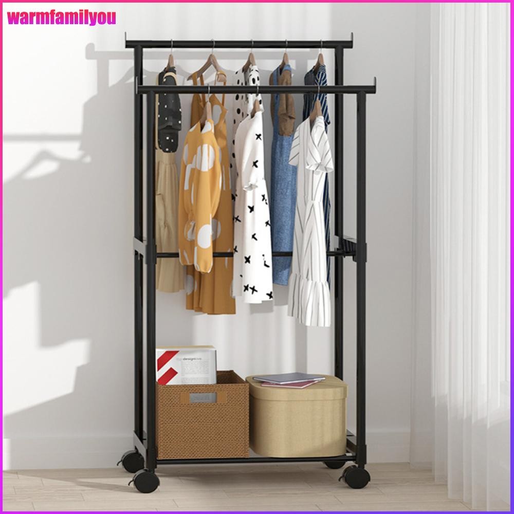 วอร์มแฟมิลี่ou Double Rods Garment Rack Rolling Clothes Rack Multifunctional Clothes Rack with Wheel