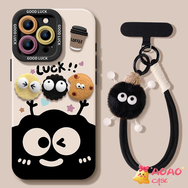 เคสไอโฟน 11 สำหรับ iPhone 16 13 11 15 12 14 Pro Max 15 8 7 16 14 Plus XR XS X Max การ์ตูนตลกน่ารักสีดำถ่านหินบอลบอลนุ่ม