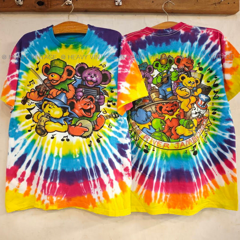 Grateful Dead Liquid Blue Bears Big River Jamboree Tie Dye tag USA มัดย้อม เสื้อทัวร์ วงร๊อค heavy vintage shirt