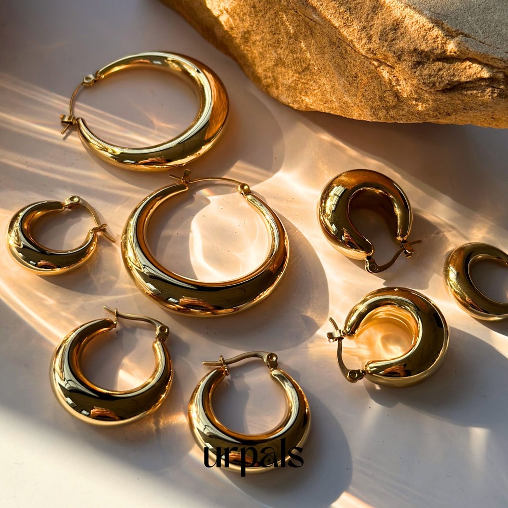 URPALS ต่างหูห่วง ต่างหูสายฝอ Stainless ชุบทอง 18K คุณภาพสูง ใส่อาบน้ำ ออกกำลังกายได้