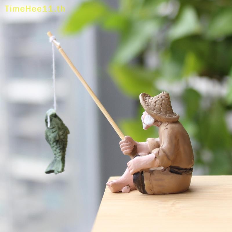 TimeHee ตกปลา Old Man รูปเรซิ่นรูปปั้นเครื่องประดับสวน Micro-Landscape Garden Craft TH