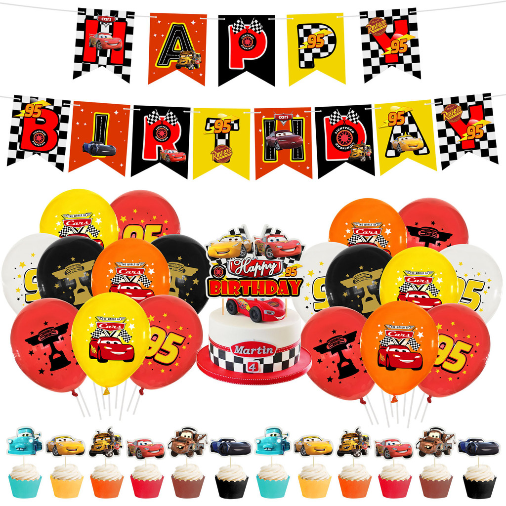 1 แพ็ครถยนต์ Lightning McQueen ชุดตกแต่งงานเลี้ยงวันเกิด – รวมลูกโป่ง, Bunting & เค้ก Topper สําหรับเด็ก งานเลี้ยงวันเกิดและเด็ก Family Gathering