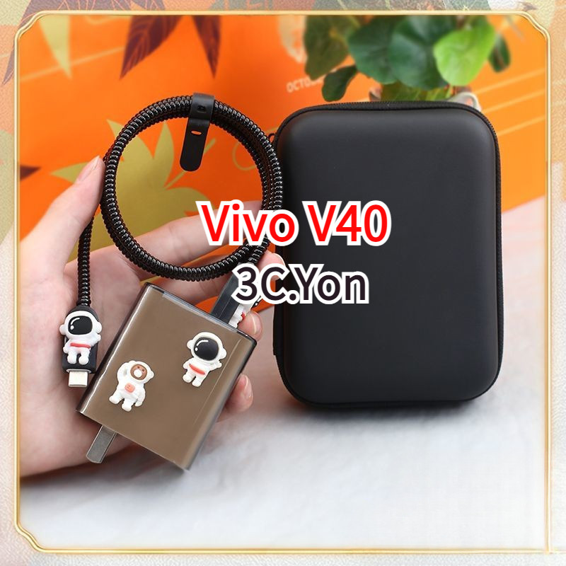 VIVO V40 Charger Protector 80W Charger ฝาครอบสาย USB Type C Winder น่ารักการ์ตูนพร้อมกระเป๋าเก็บสาย Anti-Break ป้องกันเชือกไขลาน