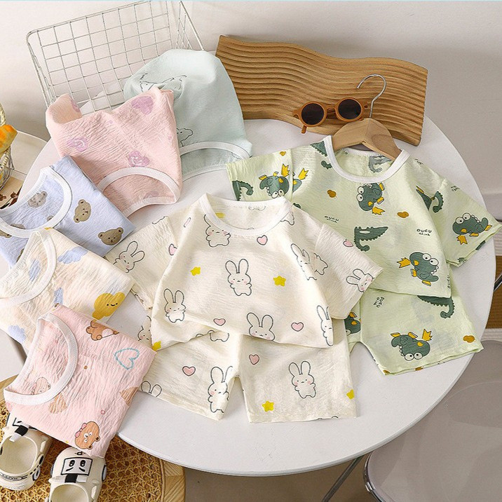 ชุดนอนเด็กแขนสั้น+กางเกง ชุด 2 ชิ้น บางสบาย ขนาด 73-120 ซม. ชุดลําลอง