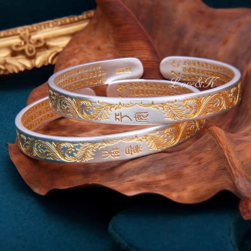L & K [เงินแท้ 999] เงินแท้ 9999, สร้อยข้อมือเงินทาสีทอง, ลายหญ้าถัง Safe Joy Opening, 25