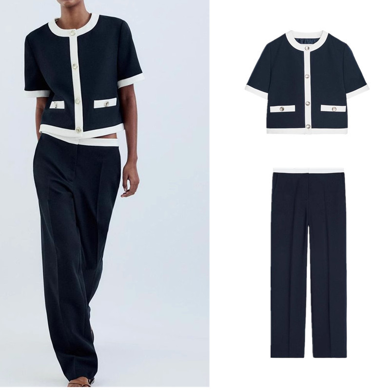 ZARA เบลเซอร์แขนสั้นสีตัดกัน3597696 กางเกงขายาวเอวสูงทรงกระบอก 3599696