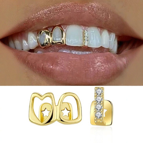 แฟชั่น Unique Hollow Double Heart ฟัน grillz