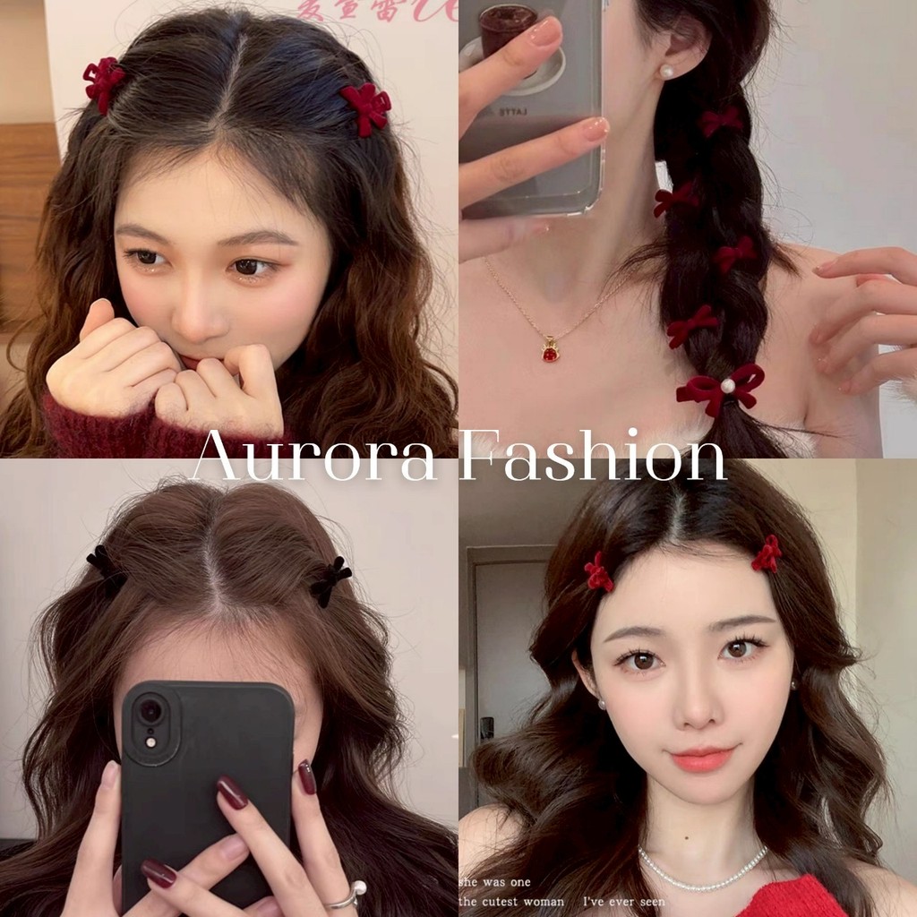 Aurora🛒พร้อมส่ง🚚 (รูปถ่ายจากงานจริง) กิ๊ปลายโบว์ ลายดอกไม้ สีแดงดำ มินิมอลสไตล์