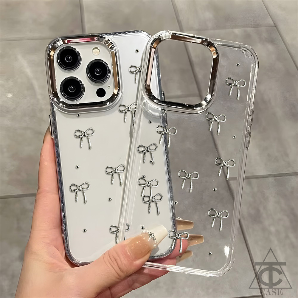 เคส TPUใสชุบไฟฟ้าสุดหรู Samsung A56 A06 A16 A55 A54 A36 A15 A12 A26 A05 A22 A73 S22 S23 S24 S25 Ultra ลายโบว์หัวใจสีเงิน - รูปที่ 3