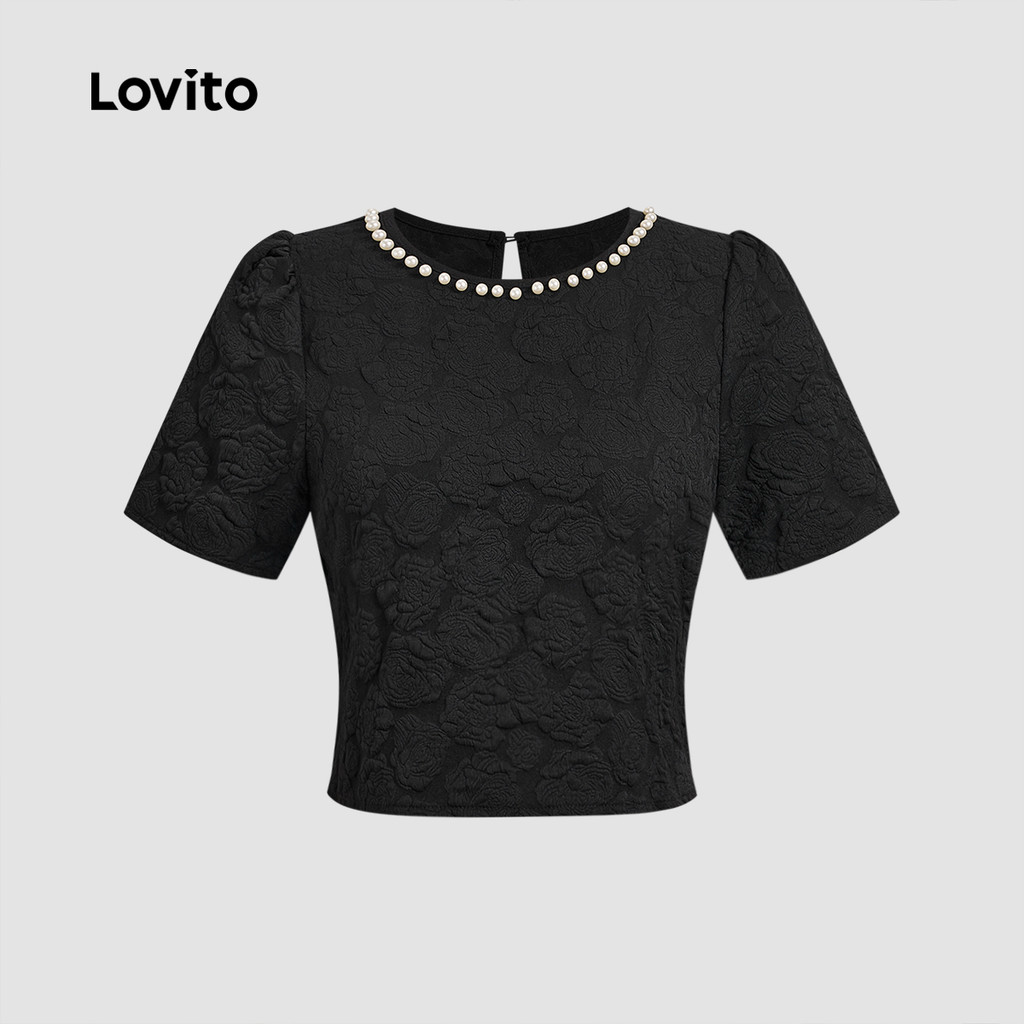 (Trendy) Lovito สง่างามสีพื้นไข่มุกแจ็คการ์ดฤดูใบไม้ผลิ/ฤดูร้อน Black เสื้อสําหรับผู้หญิง L135A2D097