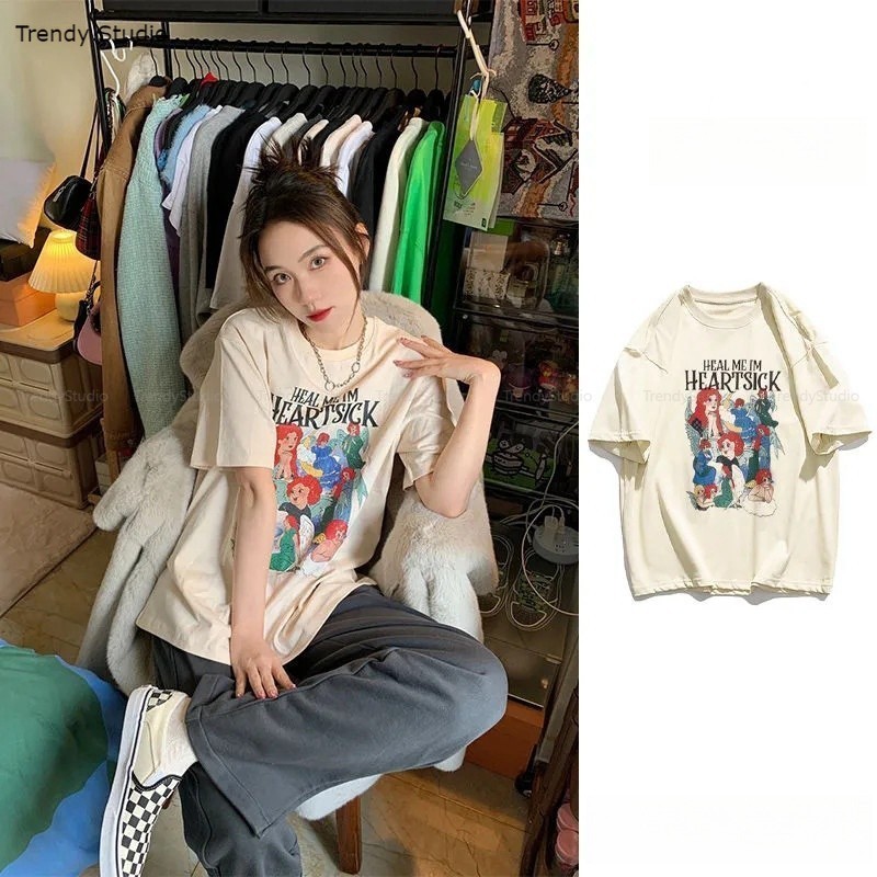 【COD】เสื้อยืดลายการ์ตูนผู้หญิงน่ารัก Oversize เสื้อผ้าย้อนยุค เวอร์ชั่นเกาหลี โอเวอร์ไซส์ พิมพ์ลายเท่ คอกลมแขนสั้น S-3XL