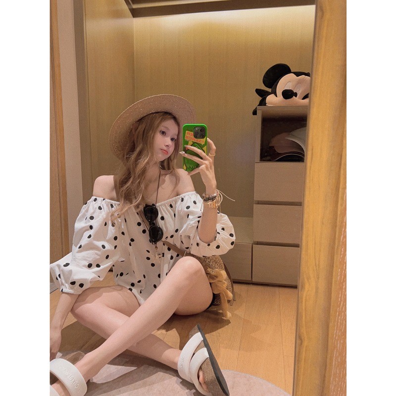 ฤดูร้อนหวานแฟชั่นลายจุดเสื้อลําลองหลวมแขนสั้นด้านบน