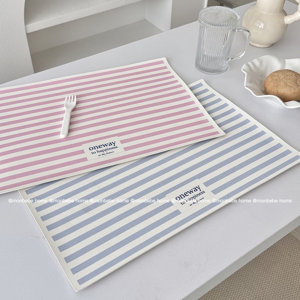 แผ่นรองจาน หนัง แผ่นรองจานลายลายทางเรียบง่าย กันน้ำ&กันน้ำมัน สําหรับตกแต่งบ้าน พร้อมส่ง