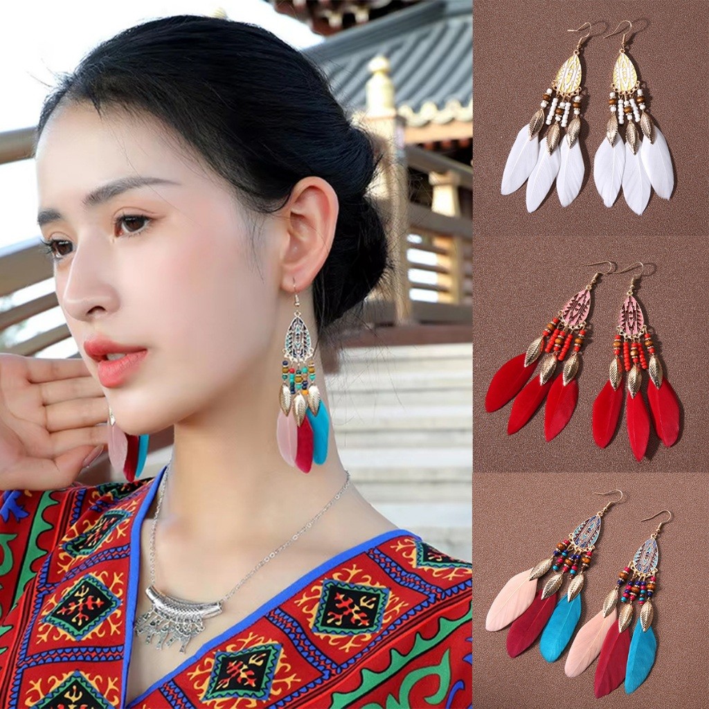 1คู่ ต่างหูพู่ประดับลูกปัด ขนนก สไตล์โบฮีเมียน สวย เครื่องประดับแฟชั่น ตุ้มหูยาวห้อย - รูปที่ 5