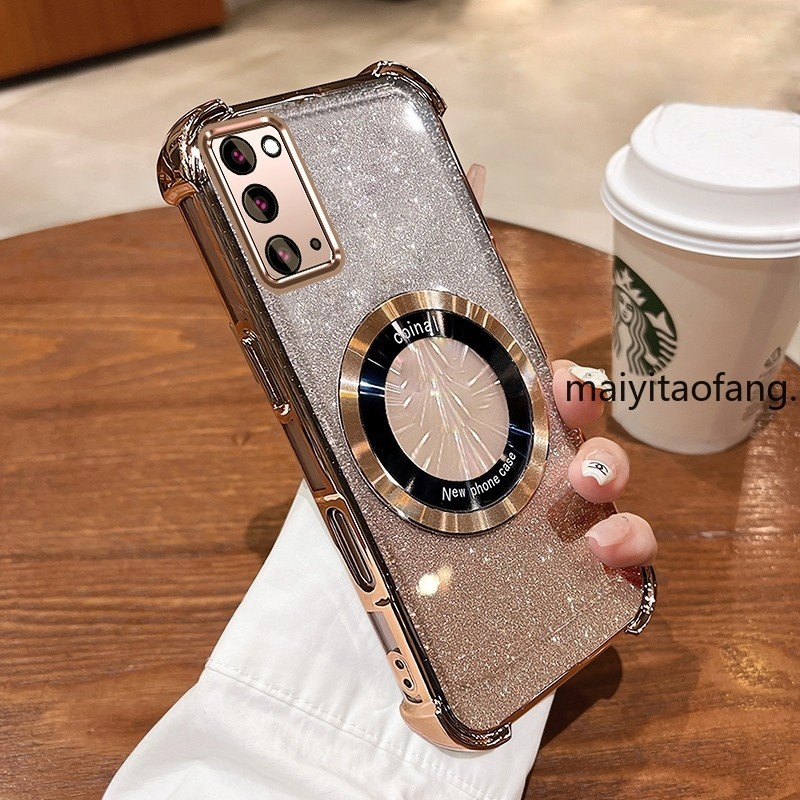 กันกระแทกcase สําหรับ Samsung NOTE 20 สีชมพูประกายสี่มุม Anti Drop 3D เคสโทรศัพท์ความงามการออกแบบแหวนแม่เหล็กซิลิโคน TPU Soft case