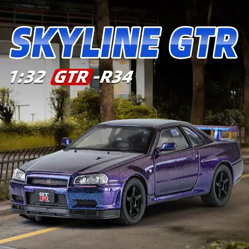 1:32 NISSAN GTR R34 โลหะของเล่นรถDiecastรถสําหรับชายเด็กจําลองเสียงแสงของขวัญงานอดิเรกคอลเลกชัน