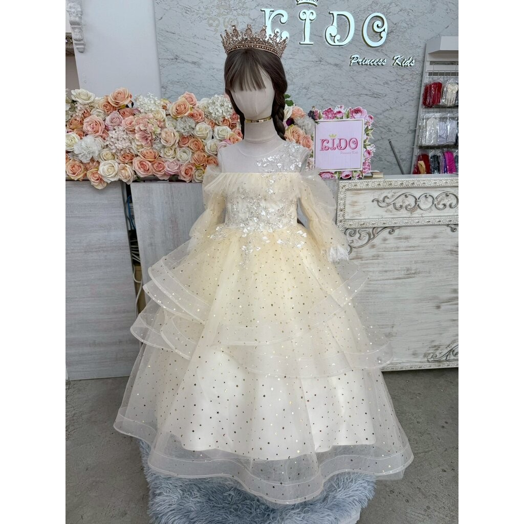 Kidoprincesskids ชุดออกงานเด็ก (ร้านอยู่รัชดา)ชุดราตรีเด็ก W19163 สีครีม กระโปรงยาว แขนตุ๊กตา ฟูชั้นๆ
