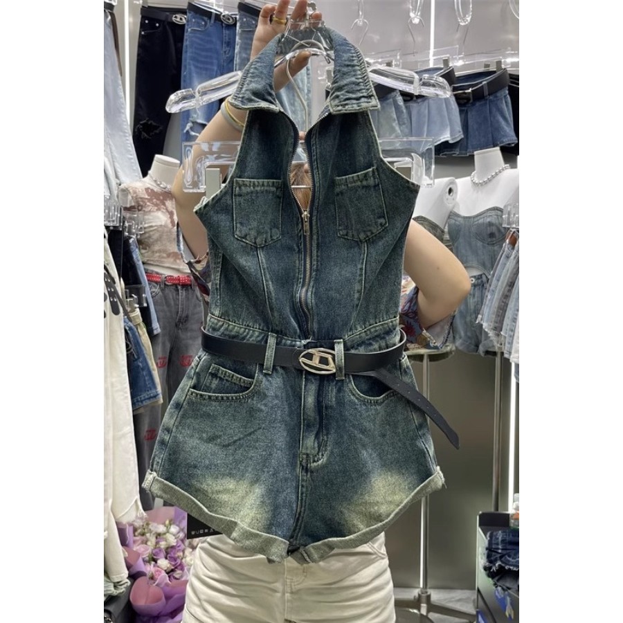 Retro Halter Denim Jumpsuit แขนกุดเอวสูง สไตล์ใหม่ ทรงSlim-fit สำหรับฤดูร้อน