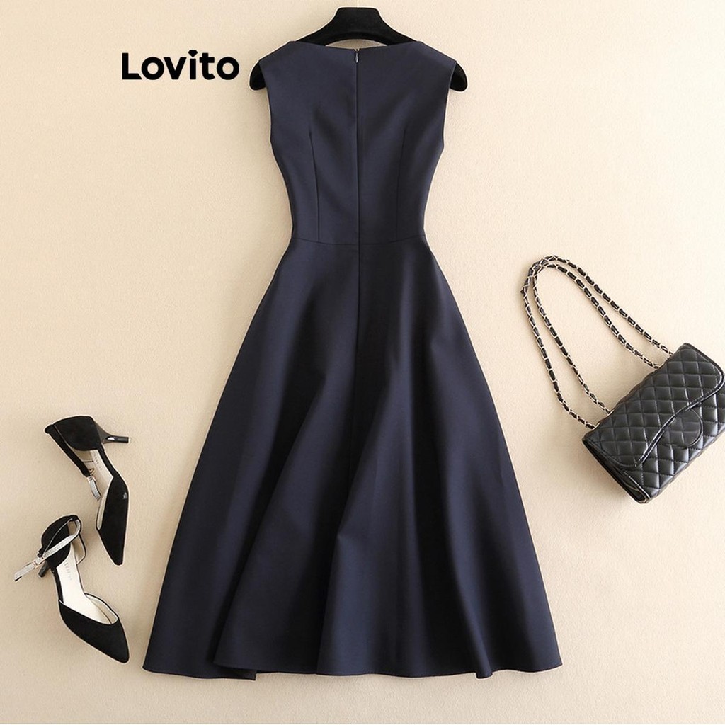 Lovito ชุดเดรสหรูหรา ชุดเดรสเย็บผ้าสีพื้นสําหรับผู้หญิง LNL74404