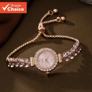 นาฬิกา Leaf Design คริสตัล Studded สร้อยข้อมือแบบปรับได้แฟชั่นผู้หญิงหรูหรา