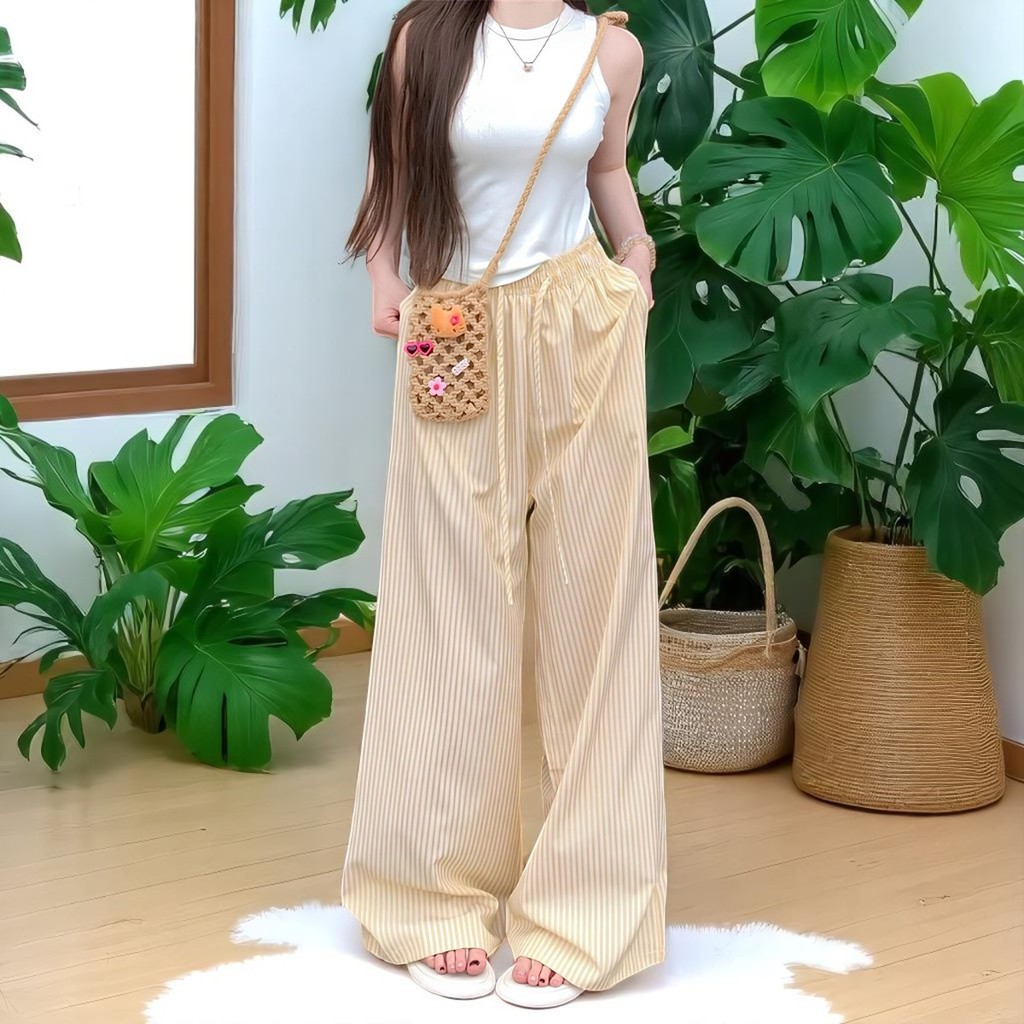 กางเกงขายาวแฟชั่น (ตระกร้านี้สำหรับลูกค้าที่สูงไม่เกิน 160 cm.) กางเกงลำลองขายาว ลายทาง เอวยางยืด พร้อมส่ง สาวอวบใส่ได้ - รูปที่ 3