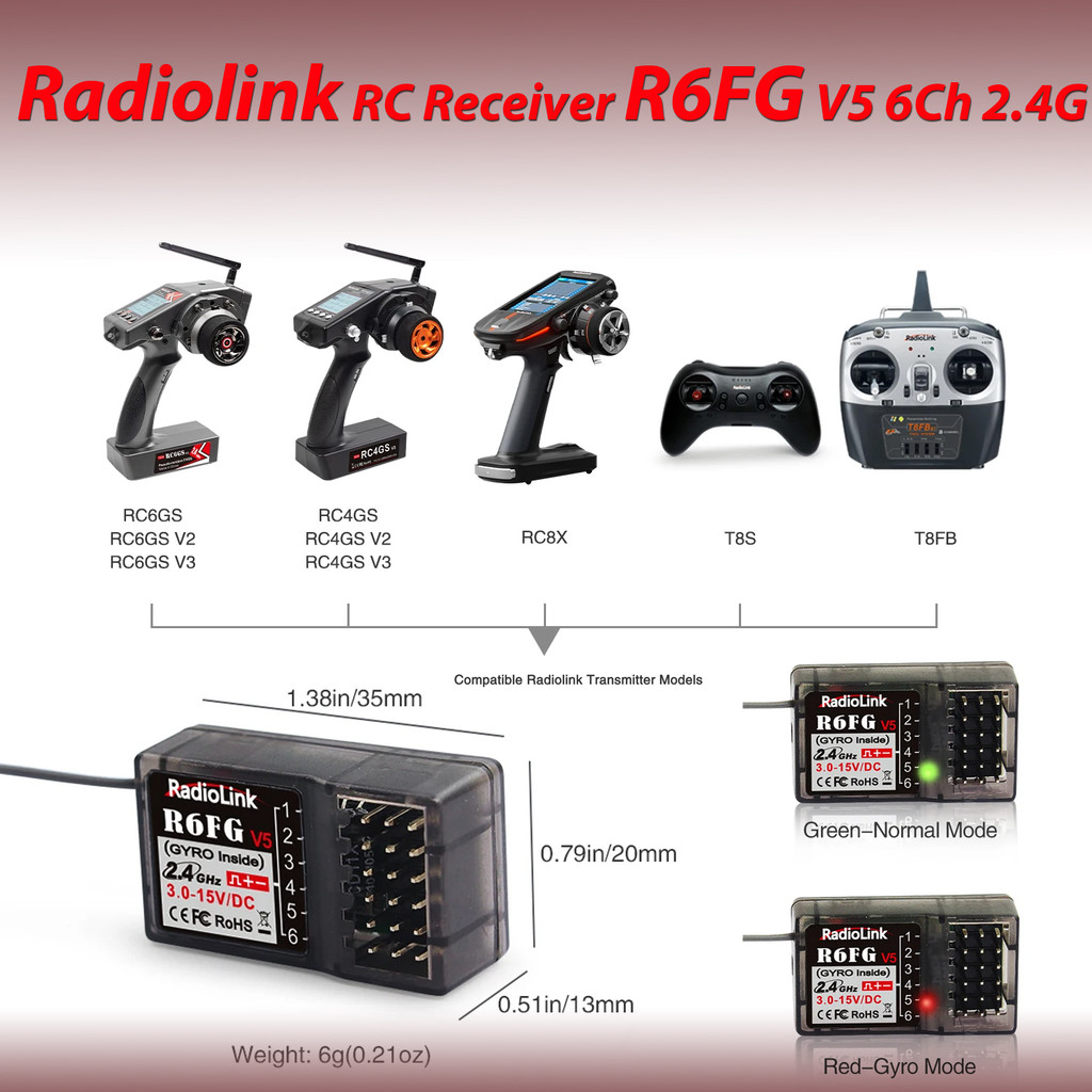 Radiolink RC Receiver R6FG 6 Ch 2.4G HV Servo RX พร้อม Gyro 400m Long Range Control สําหรับ RC รถเรื