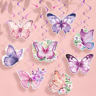 32ชิ้นสีชมพูสีม่วงผีเสื้อเกลียวแขวนตกแต่งหมุนสําหรับธีมผีเสื…