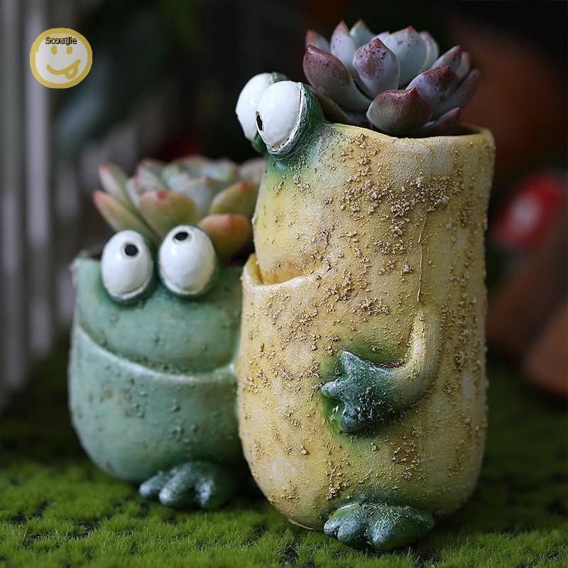 ScoutJie Playful เรซิ่นกบ Expression กระถางดอกไม้น่ารักกบตกแต่งกระถางดอกไม้ตลกสวนคอนเทนเนอร์ TH