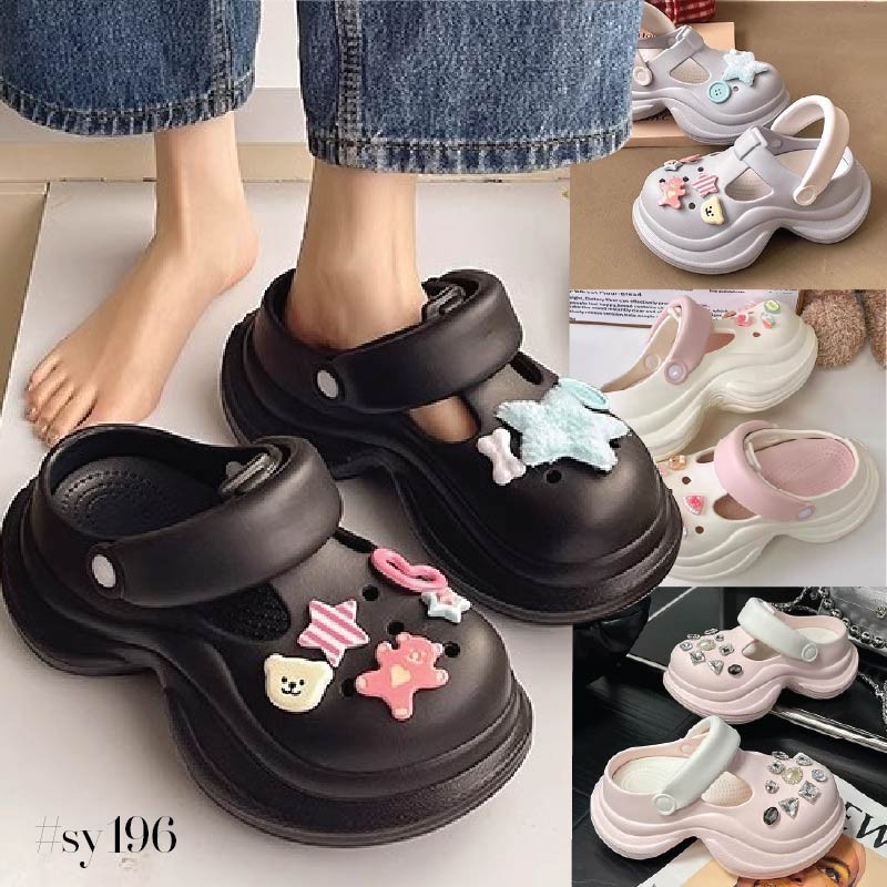 รองเท้าแตะหัวโต ผู้หญิง วัสดุ EVA ส้นสูง 5cm หัวมนแต่งสายคาดปรับรัดส้นได้ กันลื่น รองเท้าEVA #sy196
