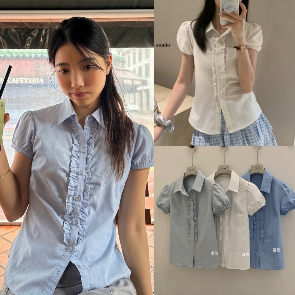 W5718 เสื้อเชิ้ต คอปก ทรงแขนตุ๊กตา มีจั๊มเล็กน้อย TAG WG.WE