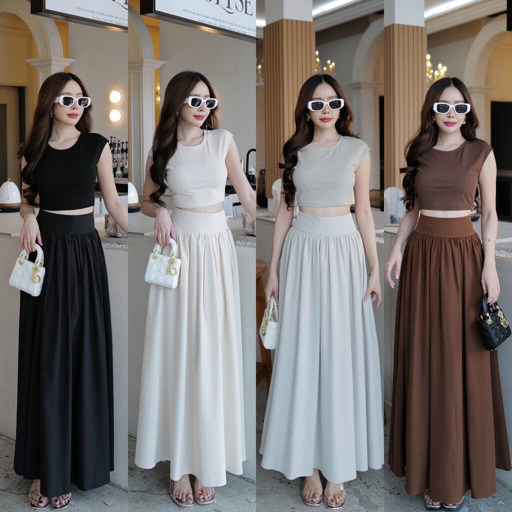 #4820 HILOOK ชุดเชต เสื้อครอปแขนเต๋อผ้าร่องยืด+กระโปรงยาวจับจีบรอบตัว ชิปหลัง