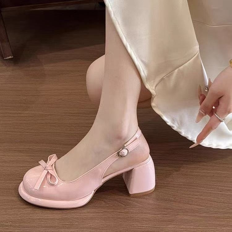 รองเท้าส้นสูงผู้หญิง Mary Jane หัวกลม ส้นหนา สายรัดยาง