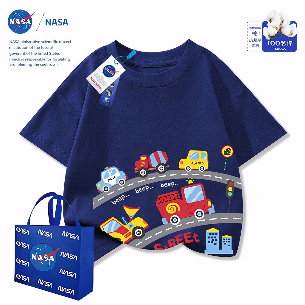 NASA Car เสื้อยืดแขนสั้นเด็กชายผ้าฝ้ายแท้น่ารักด้านบน
