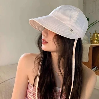 cute shop 💕 หมวก สไตล์เกาหลี แฟชั่น ลายทาง หมวกบักเก็ต ดีไซน์สายผูก เท่ในหน้าร้อน พร้อมส่ง