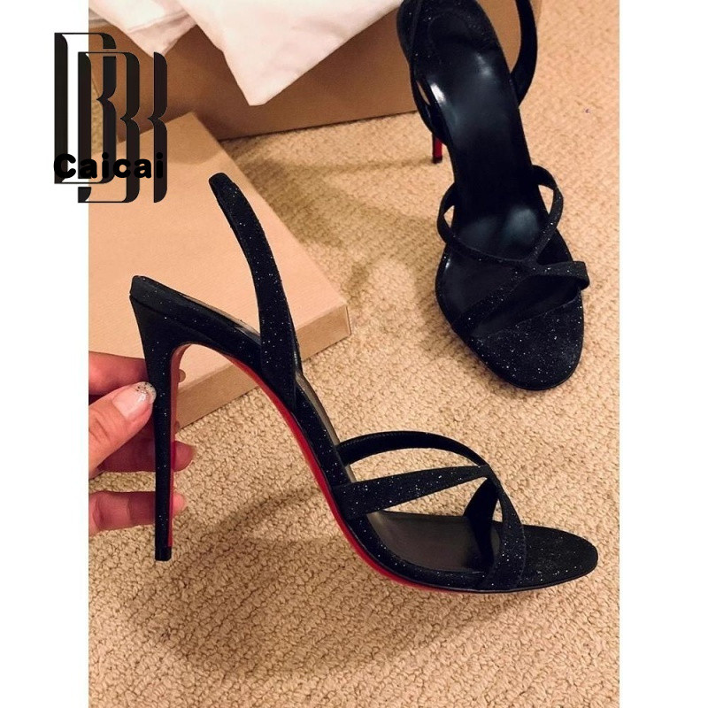 รองเท้า Mary Jane ลุง Buck ยุโรปอเมริกันสีดํา Sequined รองเท้าส้นสูงหญิงเซ็กซี่เปิดนิ้วเท้า Stiletto