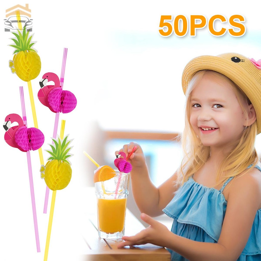 50 ชิ้นกระดาษดื่มฟาง 3D สับปะรด Flamingo ออกแบบลายกระดาษฟางสําหรับฮาวาย Beach Party SHOPQJC6354
