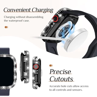 Diamond Full Coverage Tempered Glass Cover สําหรับ Apple Watch 10, 9, 8, 7, 6, SE ขนาด 40/41/42/44/45 มม. พร้อมขอบเพชร