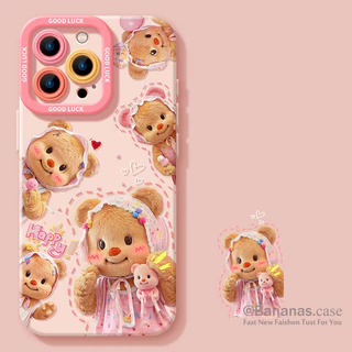เข้ากันได้กับ iPhone 16 15 14 13 12 11 Pro Max X Xr Xs Max 7 8 Plus SE2020 เคสโทรศัพท์การ์ตูนหมวกสีม่วงหมีเนย + Lanyard คู่นุ่มปกหลัง