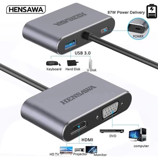 HENSAWA รุ่น VC318 USB-C to VGA HDMI Adapter,4 in 1 USB Type C to (4K HDMI/VGA/USB 3.0/USB-C PD 87W สำหรับชาร์จ)