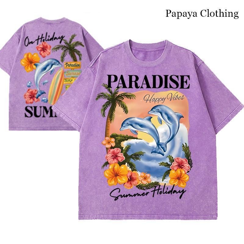 เสื้อยืด Oversize ลาย 'PARADISE SUMMER' สีม่วง พิมพ์โลมาดอกไม้ กลิ่นอายฮาวาย ผ้าคอตตอน 100%