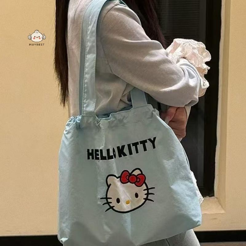 {maybest} Fashion Simple Hello Kitty Drawstring Canvas Bag For Women Girls Cartoon Shoulder Bag Large Capacity Handbag Student Gift {TH}