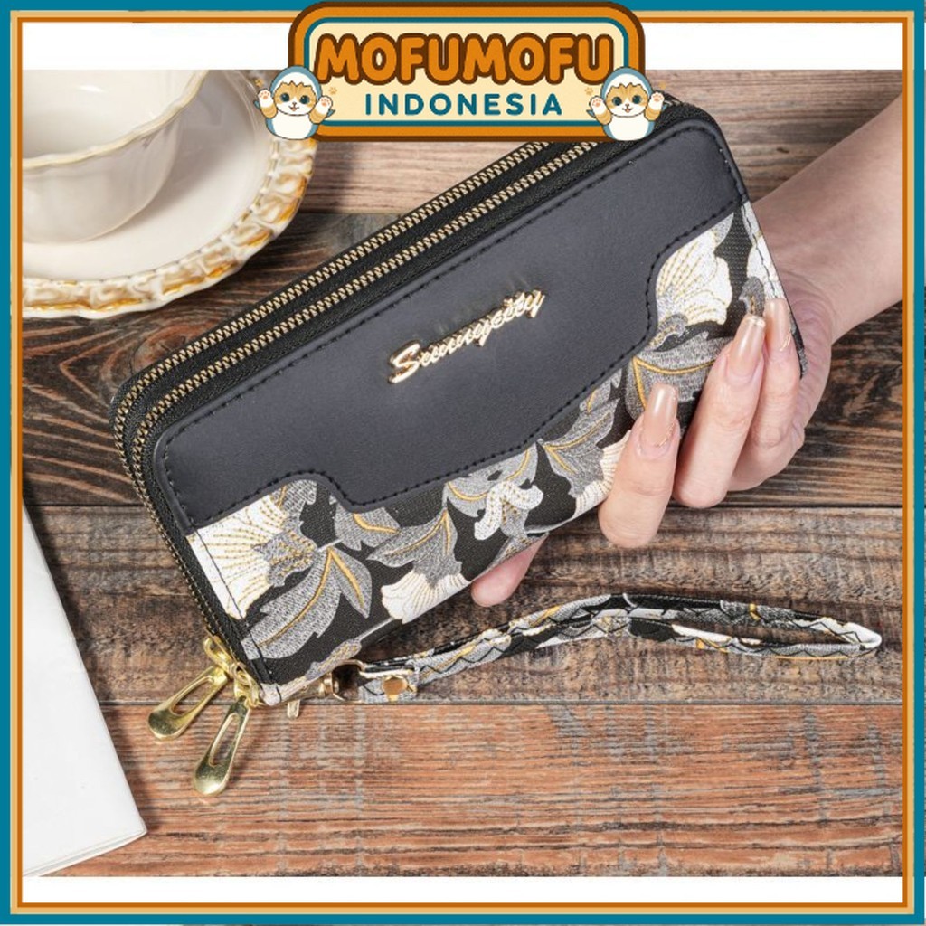 Premium Womens Long Wallet WA1109B5 2 Zippers Black Leather Simple Dranila Beautiful Motif Branded