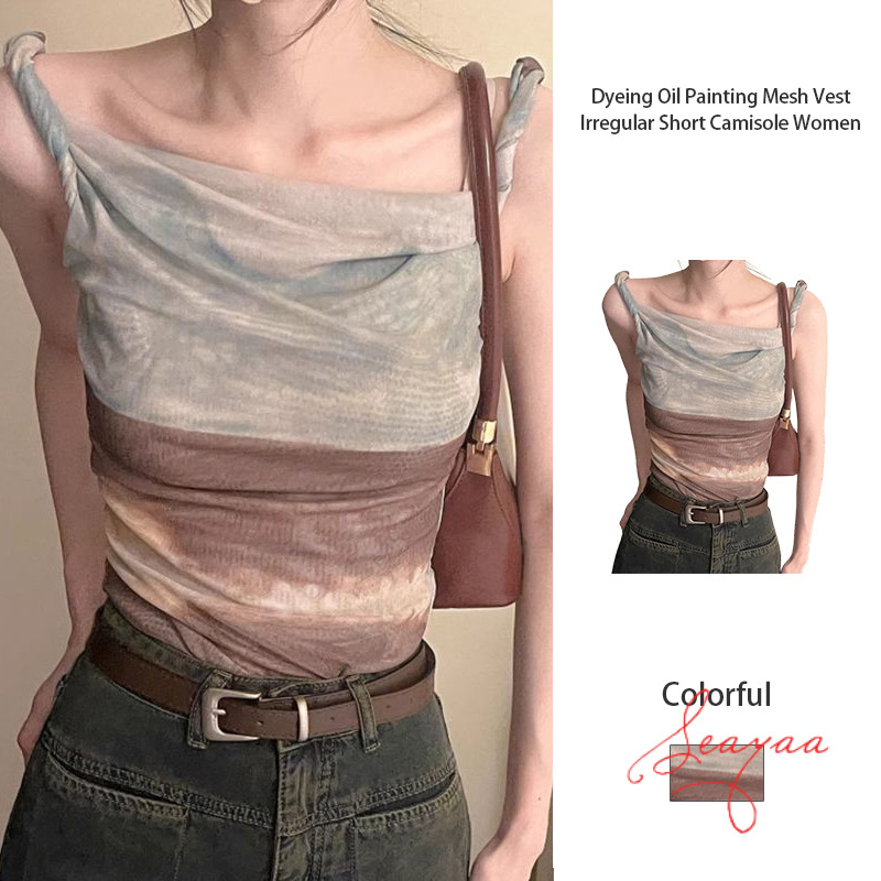 ย้อมน้ำมันวาดตาข่ายเสื้อกั๊กผิดปกติสั้น Camisole ผู้หญิงฤดูร้อนปิดไหล่หวานร้อนด้านบน SY - รูปที่ 5