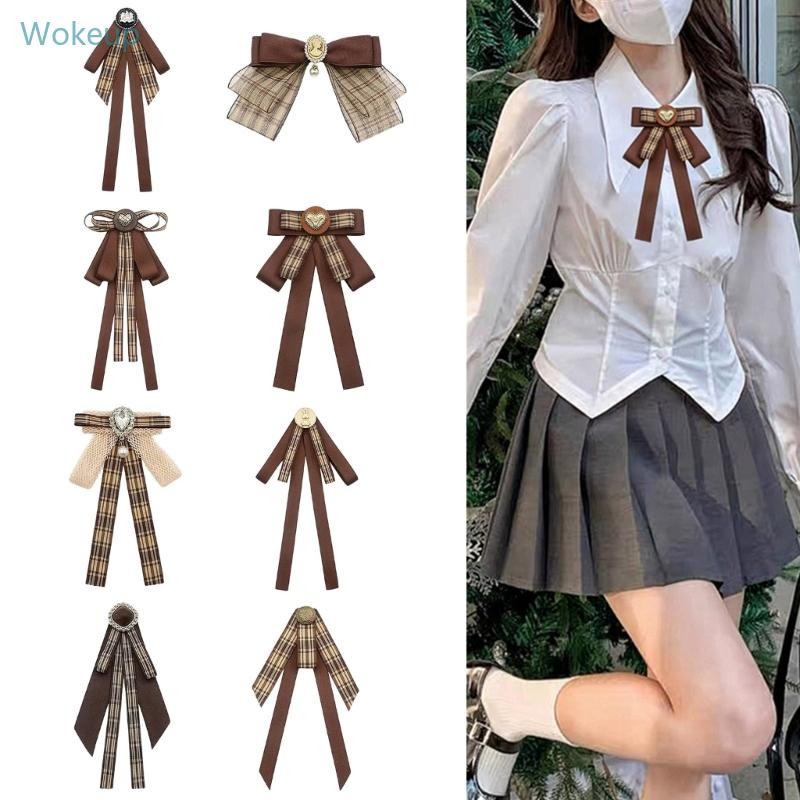 WOKE ลายสก๊อตสีน้ำตาลริบบิ้น Bows Tie เข็มกลัด Pin Preppy ชุด Bowknot สำหรับนักเรียน