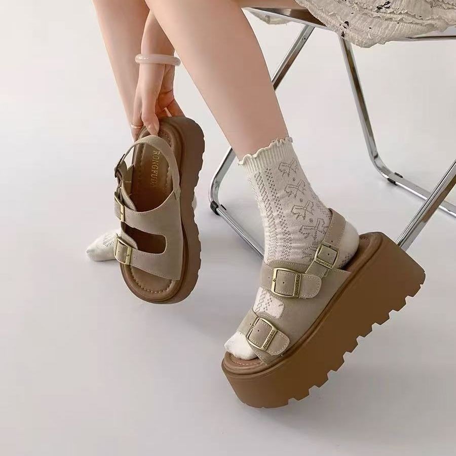 TX677 รองเท้าแตะหัวเข็มขัดสายรัดข้อเท้า สำหรับผู้หญิง สไตล์ใหม่ นุ่ม กันลื่น พื้นหนา7cm สไตล์เรียบง่าย ดีไซน์อินเทรนด์