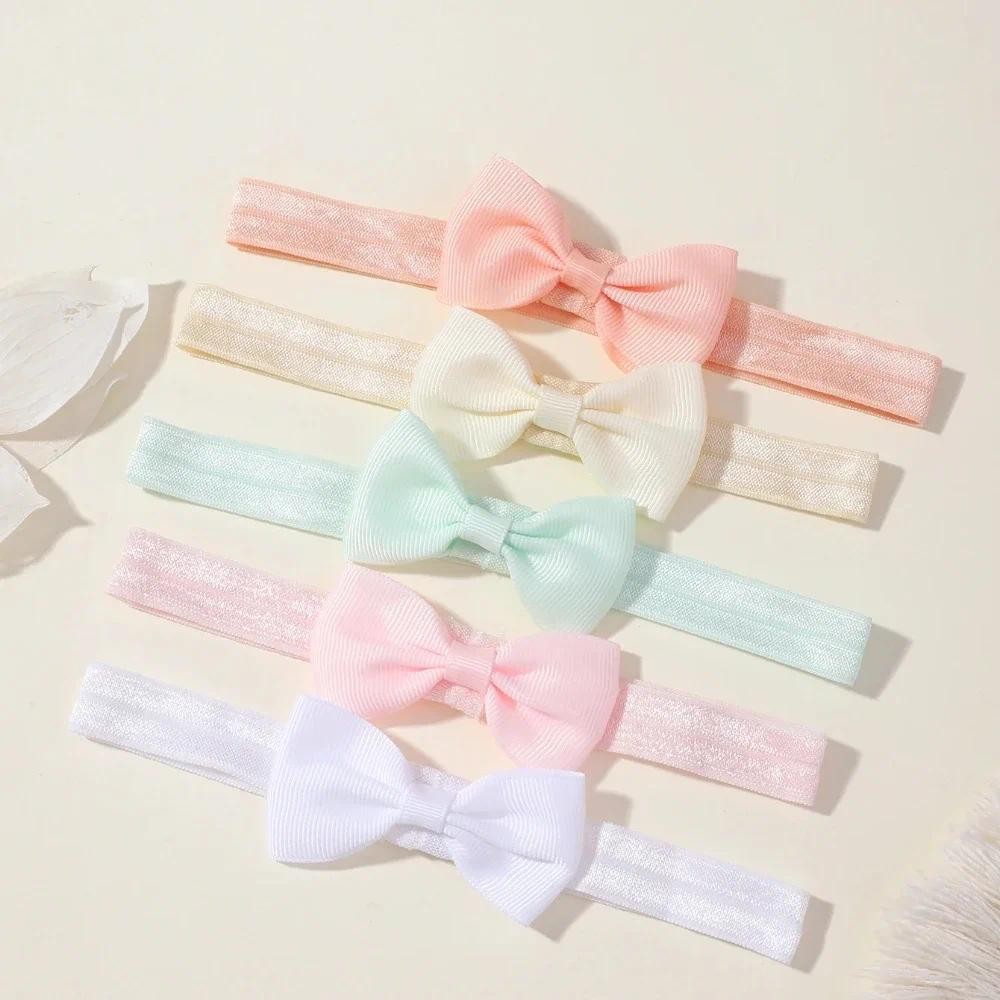 5ชิ้น/เซ็ตสีทึบGrograinริบบิ้นBowknotแถบคาดศีรษะสําหรับสาวใหม่Headwearยืดหยุ่นผมวงเด็กทารกอุปกรณ์เสริมผม