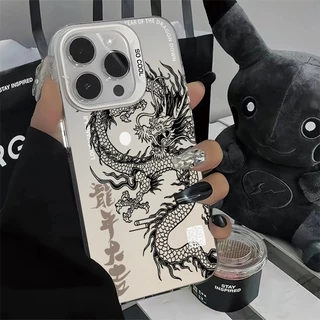 ส่งจากไทย สีดำหรูหราซิลิโคนแข็งกรณีโทรศัพท์ มังกรจีน for IPhone 13 15 14 12 11 Pro X XR XS 16