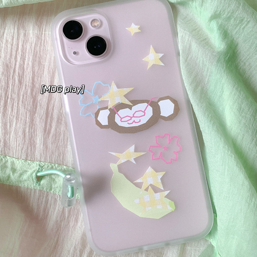 แอปเปิ้ลสไตล์เกาหลี อิน ซอก ออกแบบน่ารักการ์ตูนมือวาดลิงดาวกล้วยภาพประกอบเคลือบใสสีขาวกรณีโทรศัพท์16โปรแม็กซ์/15มือโปร/14/13/12/11นุ่มกรณีป้องก - รูปที่ 3