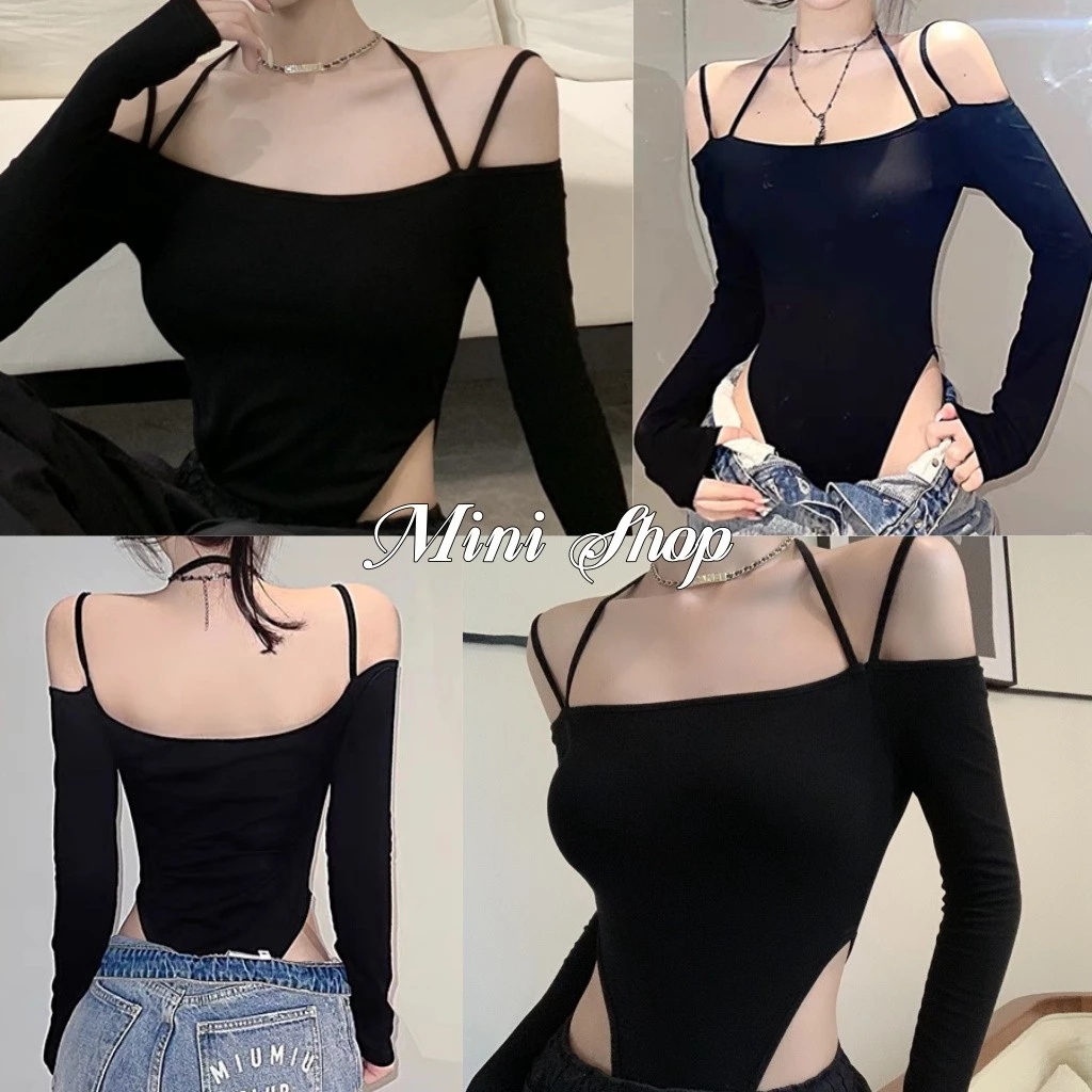Mini shop🌸พร้อมส่ง🌸(FY2886) เสื้อบอดี้สูท แฟชั่น แขนยาวเปิดไหล่ สไตล์มินิมอลรัดรูป